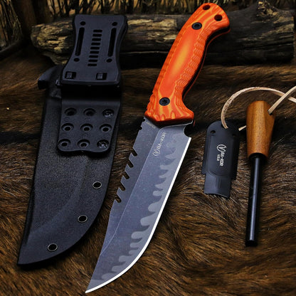 BA-KOR 12.4in Full Tang Fixed Blade Hunting Knife – 6mm 9CR18MoV Steel, G10 Handle, Stonewashed Sawback Blade with Kydex Sheath & Fire Starter for Outdoor, Camping, Survival (Orange with light yellow stripes)