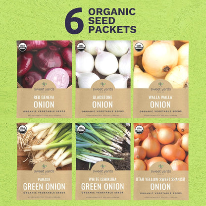 Organic Onion Seeds Variety Pack - 6 Individual Packs - 2025 Season - Walla Walla, Gladstone, Red Geneva and More! for Indoor & Outdoor Planting (Non-GMO, Certified Organic) -