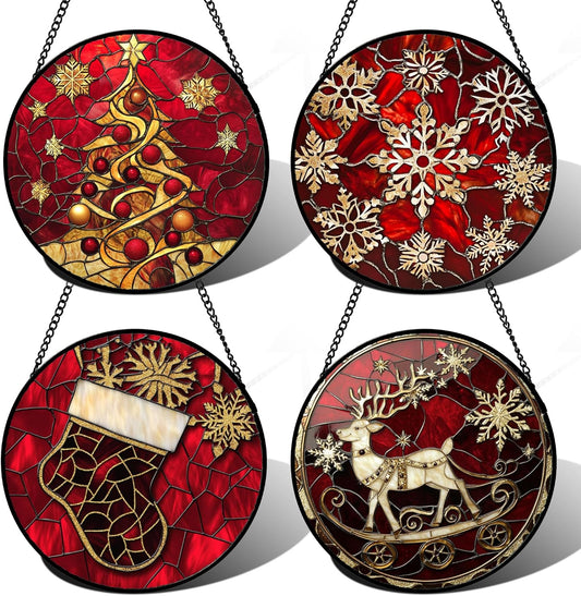 Stained Glass Window Hanging 4 Pcs Set Red Christmas Elk Snowflakes Large 11.8" - Deer Suncatcher