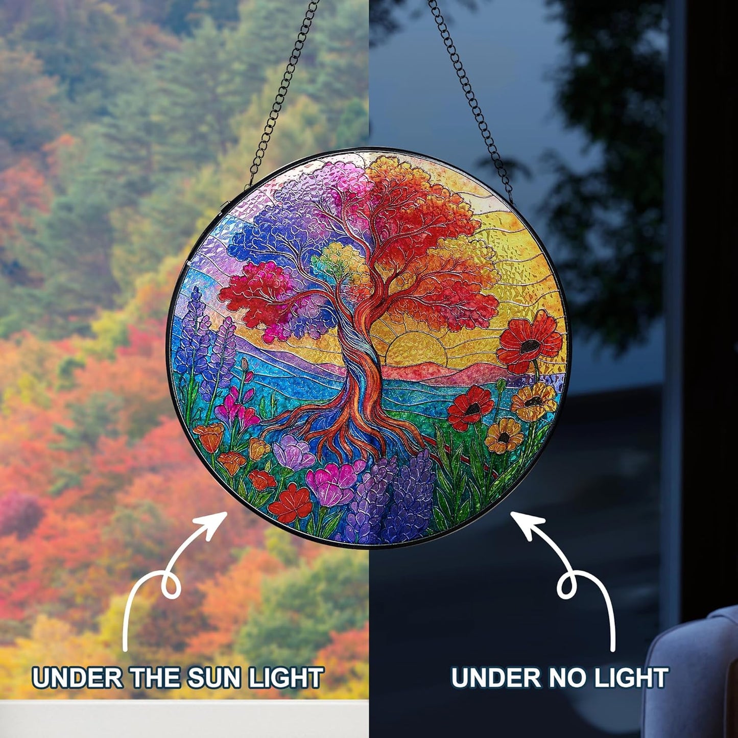 Stained Glass Window Hanging, Tree of Life Sun Catchers Stained Glass Panels for Indoor Windows Wall Art Decor, Birthday Gift for Mom Women Wife Men Lovers (7.87inch)