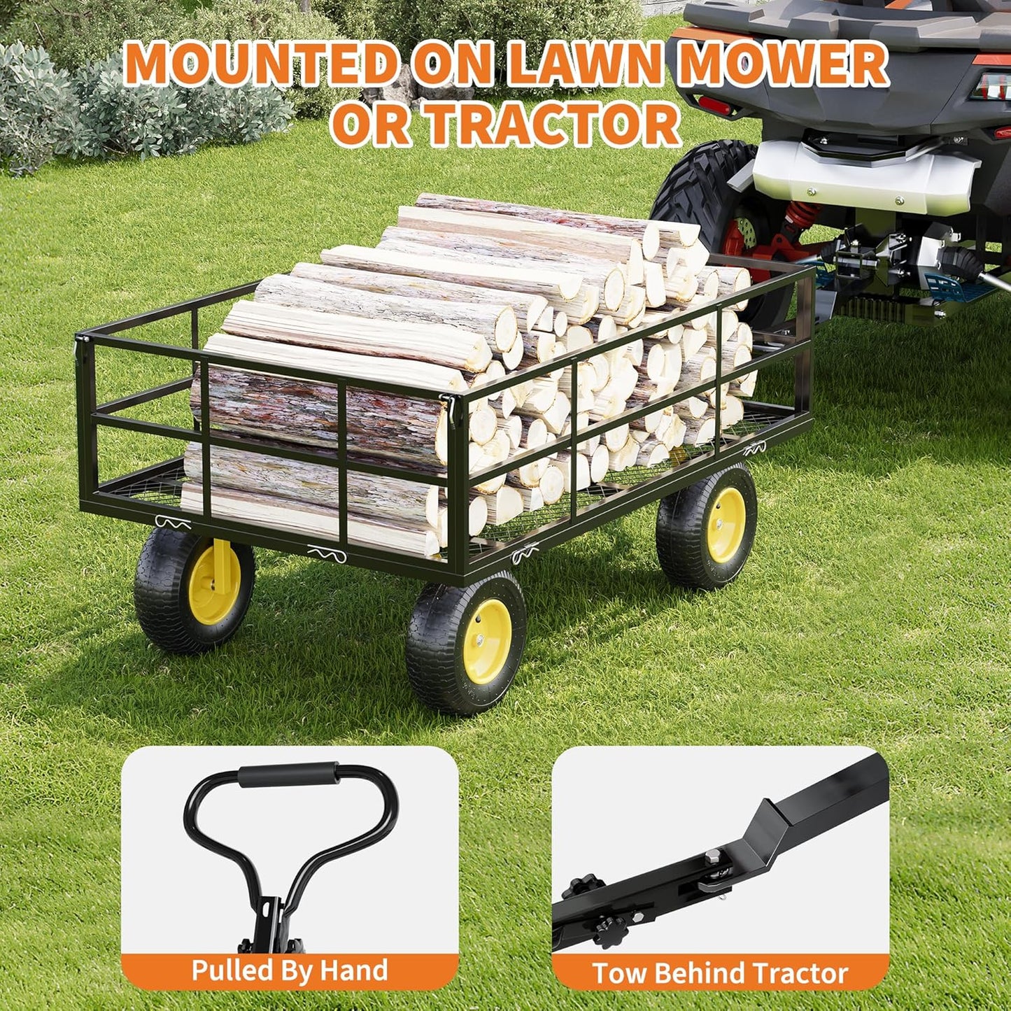 3-in-1 Heavy-Duty Steel Garden Cart, 1200 Lbs Garden Wagon, with 13 Inch All-Terrain Tires and Removable Mesh Side Panels, 180° Rotating Handle, Metal Utility Yard Trailer, Outdoor Gardens Wagon Cart