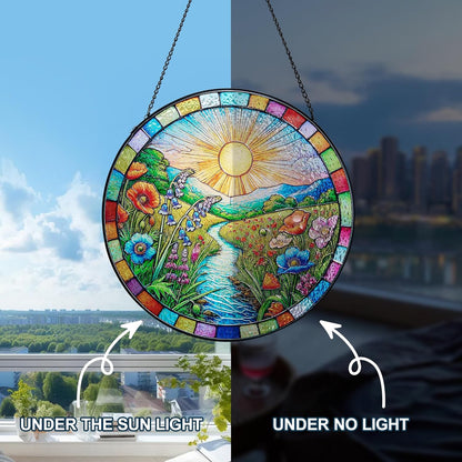 Stained Glass Window Hanging, Scenery Sun Catchers Stained Glass Panels for Indoor Windows Wall Art Decor, Birthday Gift for Mom Women Wife Men Lovers (7.87inch)