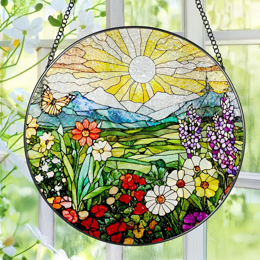 8 Inch Mountain Wildflowers Stained Glass Suncatcher, Suncatchers for Windows Hanging, Window