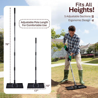 Lawn Leveling Rake with Work Gloves - Heavy-Duty Yard Leveling Rake - 17" X 10" Lawn Leveler Rake with 6.5ft Adjustable Pole - Quick to Assemble Rakes for Lawns and Garden