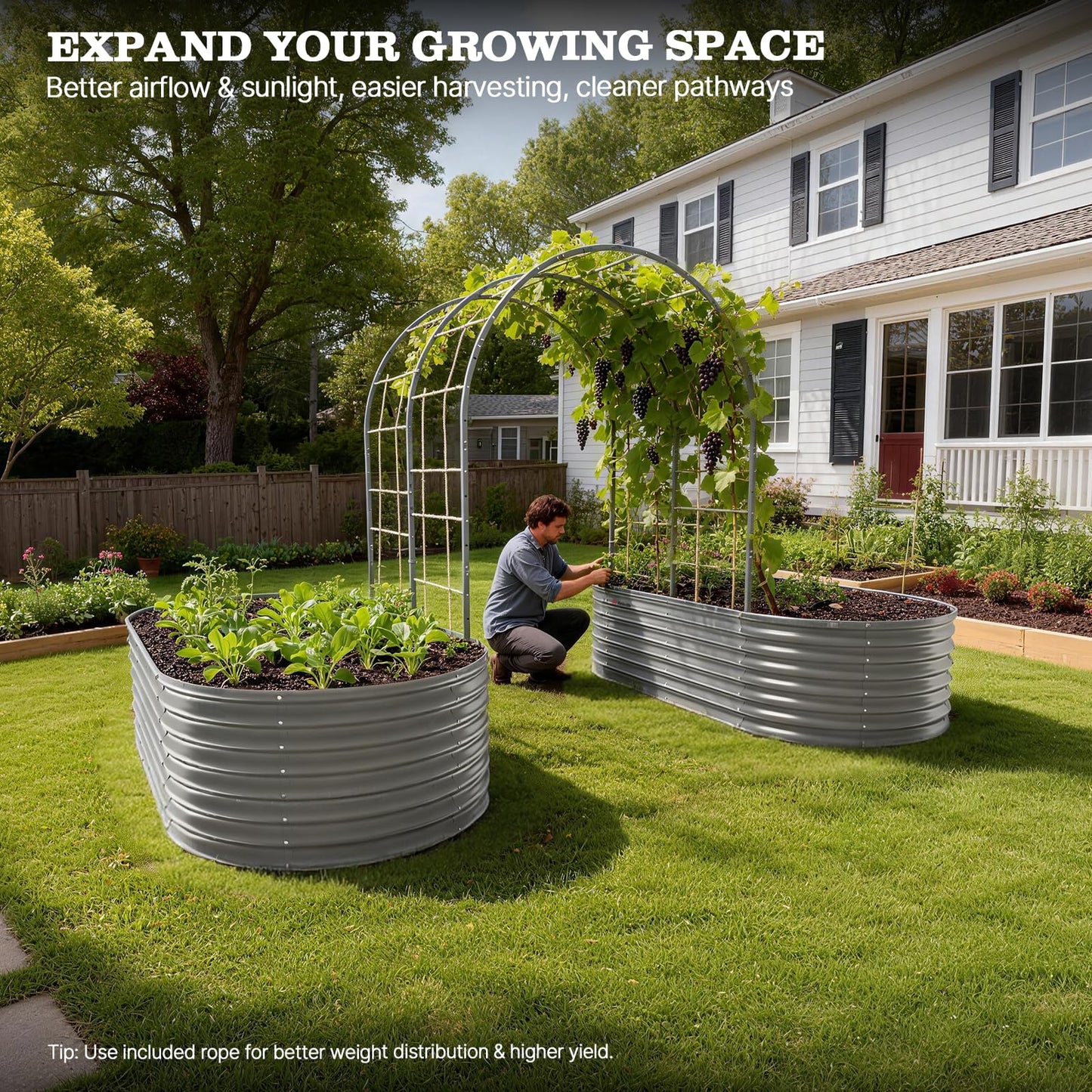 Anleolife 4x6ft Galvanized Garden Arch Trellis, Raised Beds and Vines