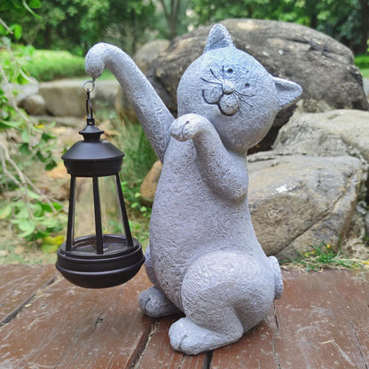Cat Solar Garden Statues,Resin Cat Figurine Decorations with Solar Lights Lantern, Outdoor Figurines Lawn Cats Statue Decor Art for Lawn,Yard, Balcony Ornament,Gift for Garden Home Mom.