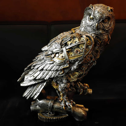 Steampunk Owl Statue 11.6'' H Metallic Silver and Gold Gothic Collectible Animal Figurine Wisdom Gift Owl Sculpture for Home Office Decoration Living Room Tabletop Mantel