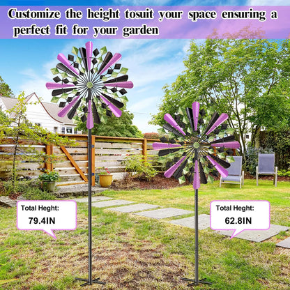 Large Wind Spinners Outdoor, 23.6" W x 79.4" H Metal Yard Wind Sculptures, 360 Degrees Kinetic Spinner Windmills Garden Art Decor Pinwheels for Outside Patio Lawn (Purple+Green)