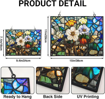 Customized Rectangle Lotus in The Lake Stained Glass Window Hanging, Stained Glass Suncatcher for Women, Window Decor Perfect Home Décor