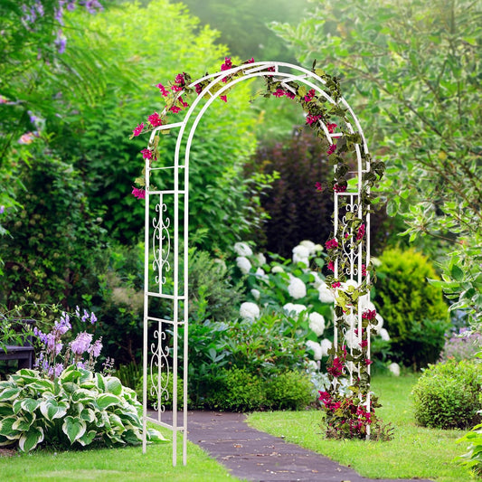 Evergreen Plow & Hearth Montebello White Garden Arbor - 7 Feet Tall | Slim Metal Arch with Iron Trellis for Climbing Plants | Elegant Wedding Arbor | Outdoor Patio & Garden Decor