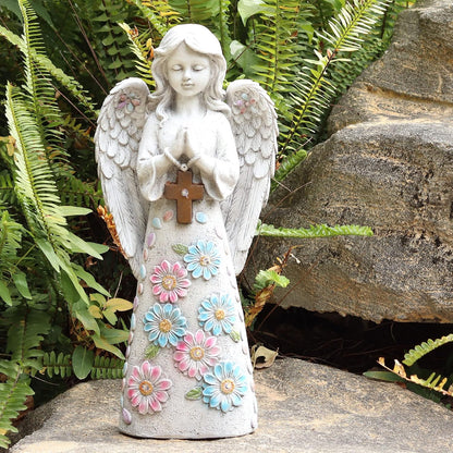 Angel Garden Figurine Outdoor Statue, Solar Garden Sculpture with 7 LEDs Welcome Sign Resin Praying Angel Art Decor for Patio Lawn Yard Porch Decoration, Housewarming Gift