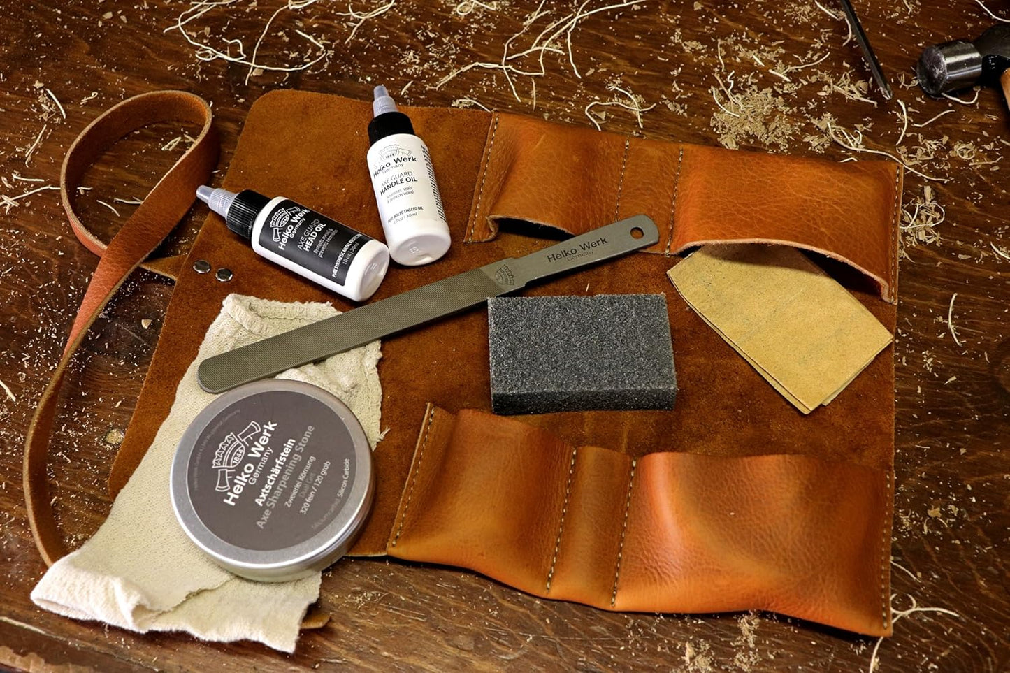 1844 Helko Werk Germany Premium Axe Care and Maintenance Kit Includes Axe Sharpening Stone, Sharpening File, Handle Oil, Head Oil, Blade Cleaner, Sand Paper, Wedges (Premium Maintenance Kit) #F8790-2