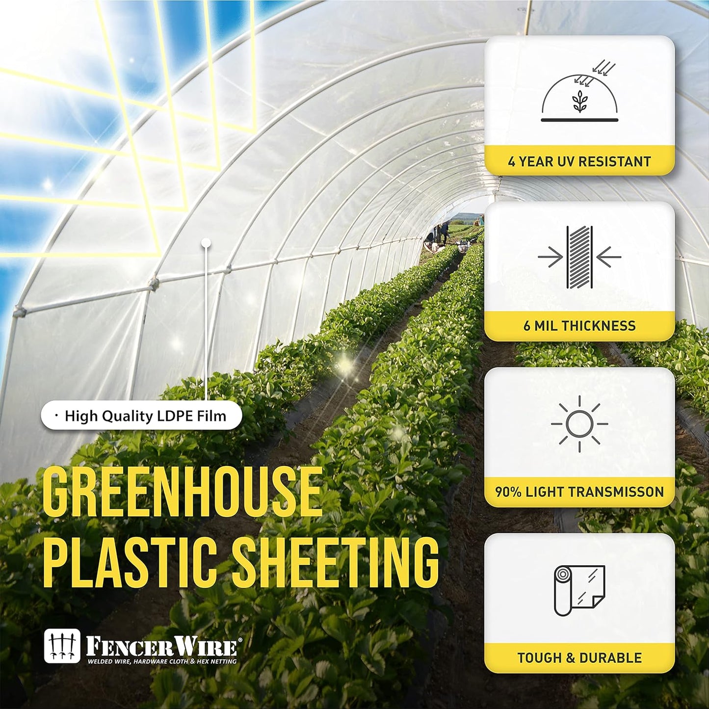 CAPHAUS 6 mil Clear Greenhouse Plastic Sheeting, 4-Year UV Resistant Polyethylene Film, Hoop House Cover for Horticulture, Gardening, Farming and Agriculture, 90% Light Transmittance, 25’ x 40'