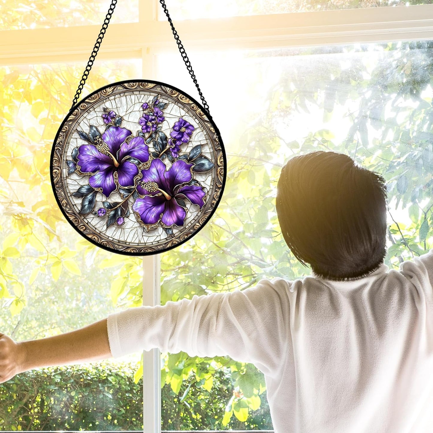 Stained Glass Window Hanging, Purple Flowers Romantic Suncatcher for Doors Home Sun Catchers Decoration and Christmas, Mother's Day Birthday Gifts for Women, Men, and Mom 11.8x11.8 in