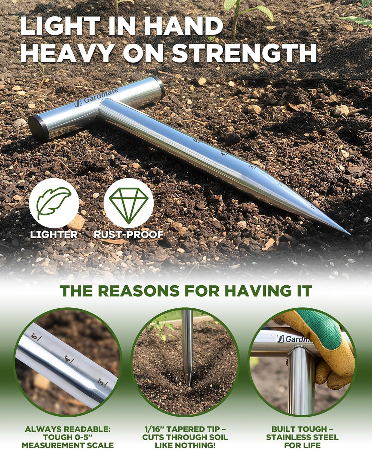 Stainless Steel Hand Dibber with Depth Markings & T-Handle, Rust-Resistant Bulb Planter Tool for Seeds, Seedlings & Bulbs – Ergonomic Design for Garden & Lawn
