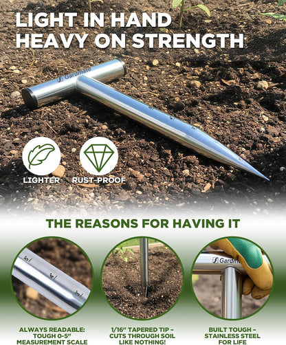 Stainless Steel Hand Dibber with Depth Markings & T-Handle, Rust-Resistant Bulb Planter Tool for Seeds, Seedlings & Bulbs – Ergonomic Design for Garden & Lawn