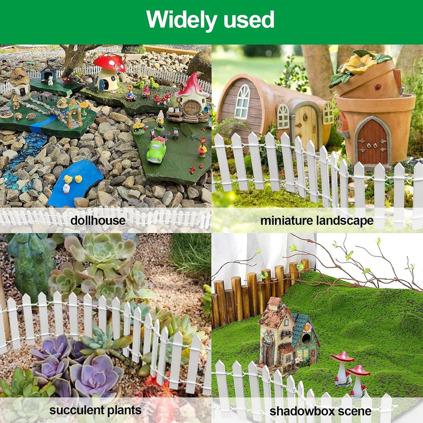 Miniature Fairy Garden Fence,DIY Wood Picket Fence Mini Ornament,Home Garden Plant Pot DIY Diorama Project (White,1.96"x 35.4")
