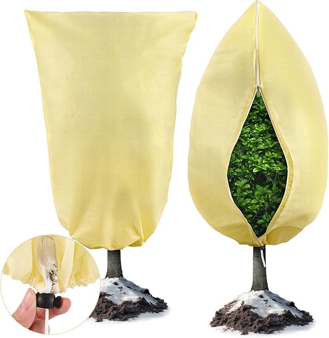 Plant Covers Freeze Protection, 2 Pack 47''× 71'' Beige Frost Cloths Blankets with Zipper Drawstring Shrub Tree Covers for Winter Outdoor Plants Freeze Protection