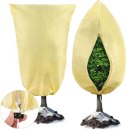 Plant Covers Freeze Protection, 2 Pack 47''× 71'' Beige Frost Cloths Blankets with Zipper Drawstring Shrub Tree Covers for Winter Outdoor Plants Freeze Protection