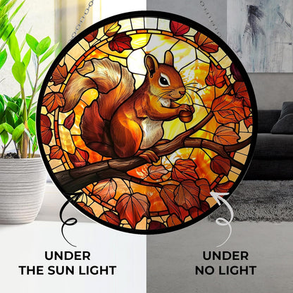Squirrel Suncatcher Stained Glass Window Hanging Handmade Stained Glass Suncatchers Decoration with Metal Chain Outdoor Garden Decor Gift for Women Christmas Thanksgiving Gifts