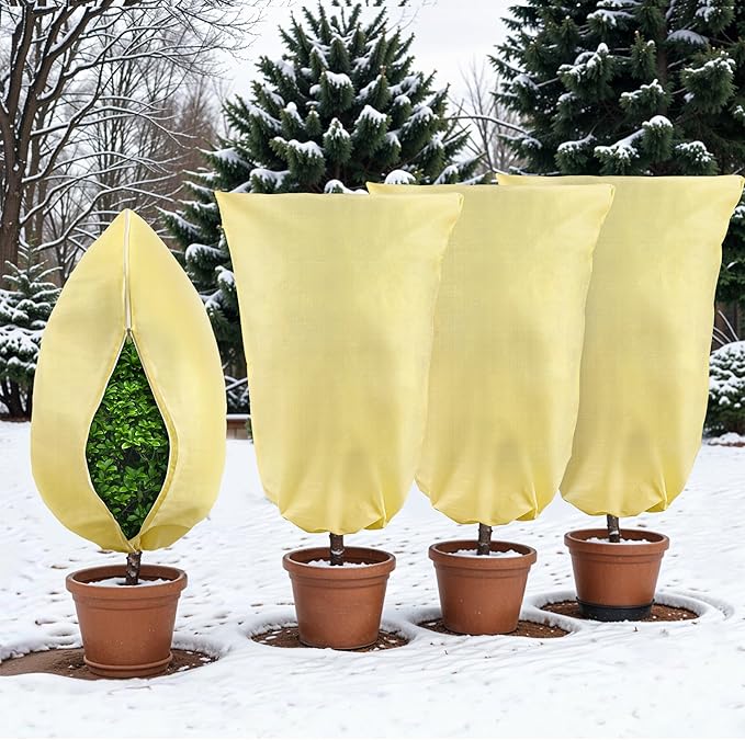 Plant Covers Freeze Protection, 4 Pack 32''× 47'' Beige Frost Cloths Blankets with Zipper Drawstring Shrub Tree Covers for Winter Outdoor Plants Freeze Protection