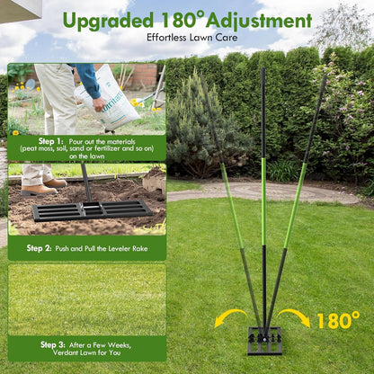 Seeutek Lawn Leveling Rake, 35” x 10” Lawn Leveler with 6.5FT Stainless Steel Handle Rakes for Lawns, 0-180° Adjustable Ground Leveler Tool for Yard, Level Soil Sand Dirt Surfaces