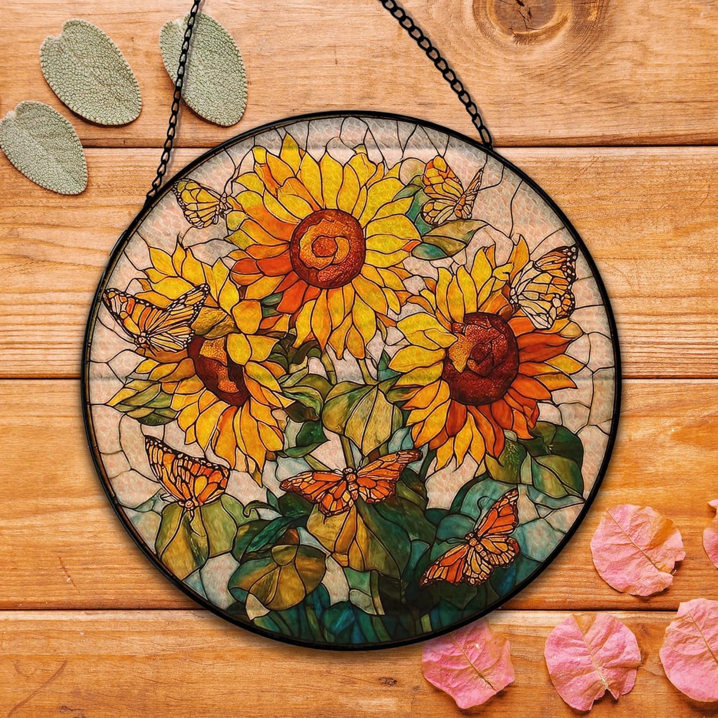 Sunflower Butterfly Suncatcher Stained Glass Garden Window Hanging, Sunflower Sun Catchers Indoor Window Glass Round Wall Decor, Cottagecore Summer Floral Wall Art Hanging Decorations, ＂7.8x7.8＂