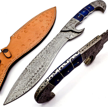 Nooraki - 18 inches Handmade Damascus Steel Machete/Kukri Knife, Bushcraft Knife, Hunting Knife, Camping Knife, Collectors Knife, Full Tang Handle With Leather Sheath - MK-310