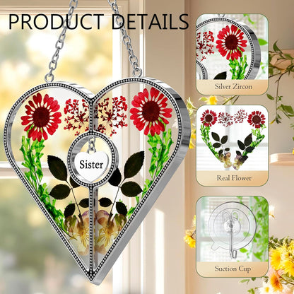 KY&BOSAM Heart Suncatcher for Windsows Hangings Sister Gifts Stained Glass Wind Chime with Pressed Real Flower in Glass with Metal Sister Heart Charm Birthday Gift for Women Mothers Day Christmas