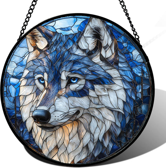Stained Glass Window Hanging - Funny Wolf Suncatcher Ready to Hang Window Doors Home Decoration and