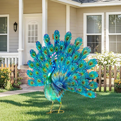27.5" Tall Metal Peacock Garden Statue - Handmade, 3D Textured, Tail Spread Sculptures for Patio, Garden or Entryway.