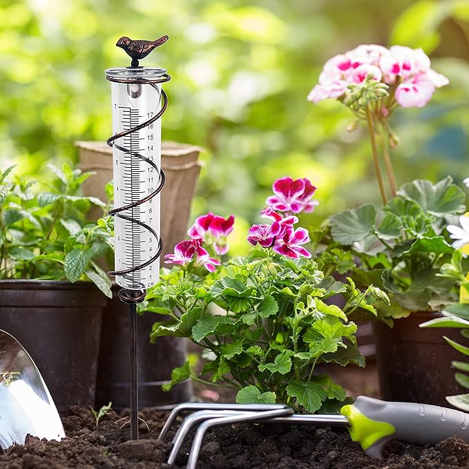JOYBee 7inch Capacity Glass Spiral Rain Gauge,Cast Iron Bird Hanging Rain Gauge,Garden Rain Water Meter Measuring with Metal Frame,Decoration for Outdoor Garden Lawn Backyard