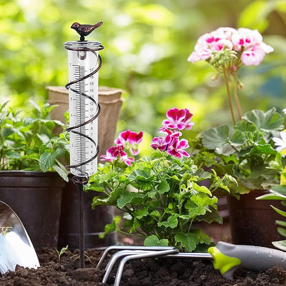 JOYBee 7inch Capacity Glass Spiral Rain Gauge,Cast Iron Bird Hanging Rain Gauge,Garden Rain Water Meter Measuring with Metal Frame,Decoration for Outdoor Garden Lawn Backyard