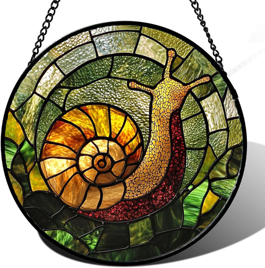 Stained Glass Window Hanging, Green Orange Snail Sun Catcher for Door Home Decor Suncatcher