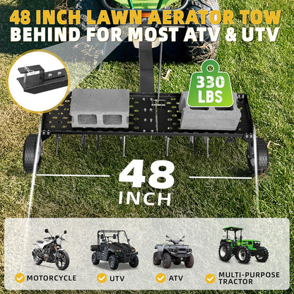 48" Lawn Aerator Tow Behind, Pull Behind Aerator with Universal Hitch, 32 Galvanized Steel Tines, Tray and Pneumatic Tires, Plug Behind Aerator is Suitable for Gardens, Lawns and Farms