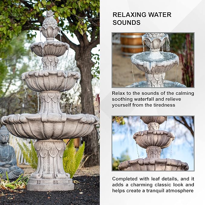 58.3" 3-Tier Outdoor Freestanding Water Fountain - Classic Leaf Design, Large Bird Bath with Pump - Ideal for Yard, Lawn and Garden Décor