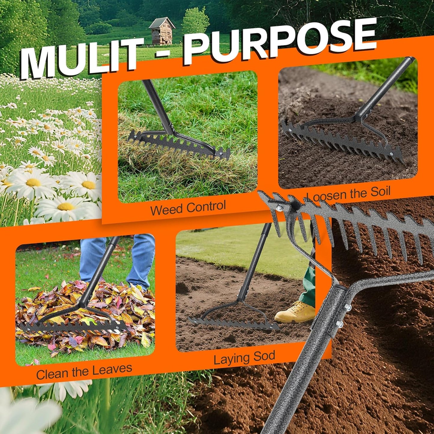 Thatch Rake, 49" Heavy Duty Metal Lawn Leveling Rake with 17 Tines, Garden Tool with Adjustable Long Handle for Looseing Soil, Weede Control