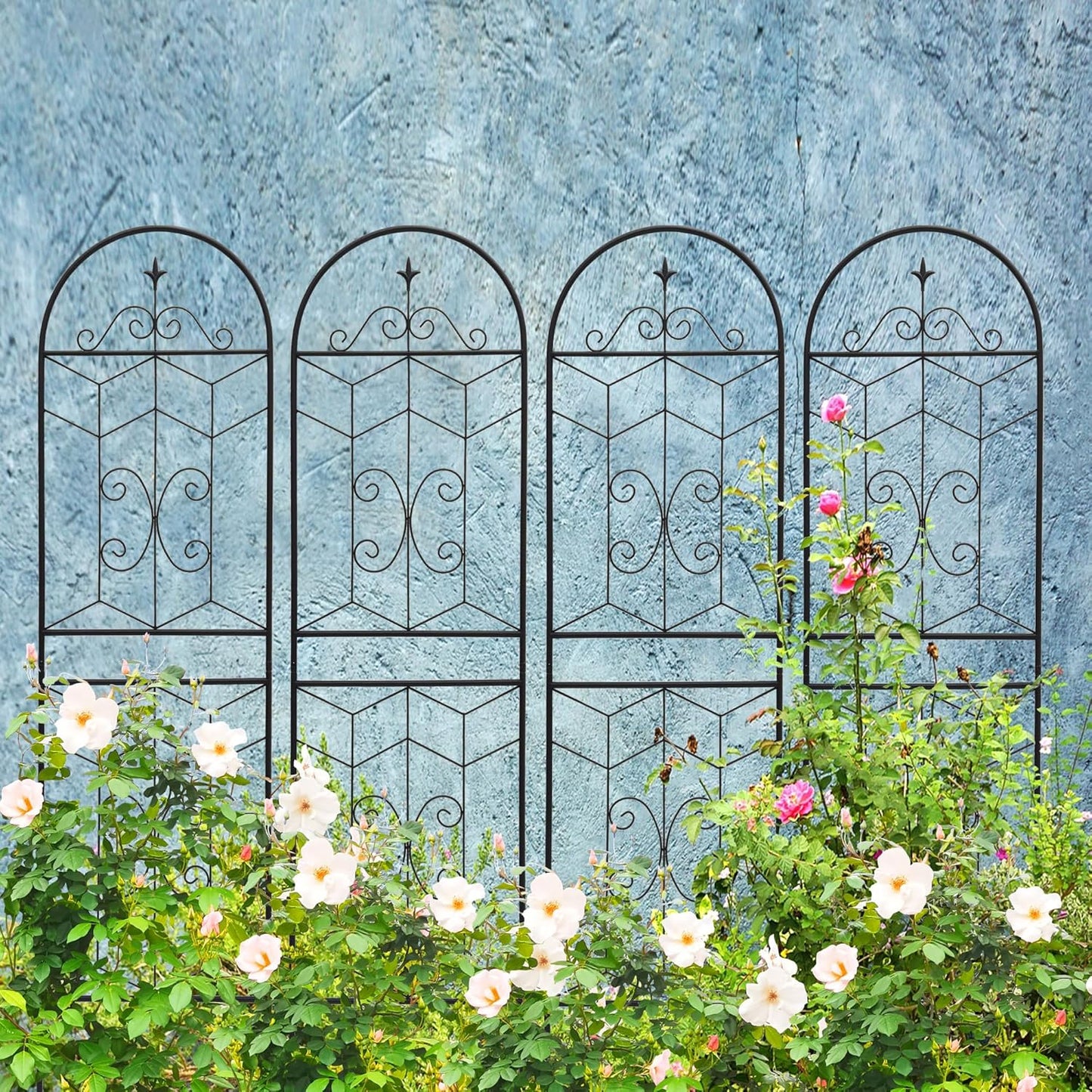 4 Pack Metal Garden Trellis 71" Tall Outdoor Climbing Plant Support for Roses, Flowers, Rustproof Durable Black Galvanized Tube, Lawn Garden Fence Decor Screen (4, Castle-71 H)