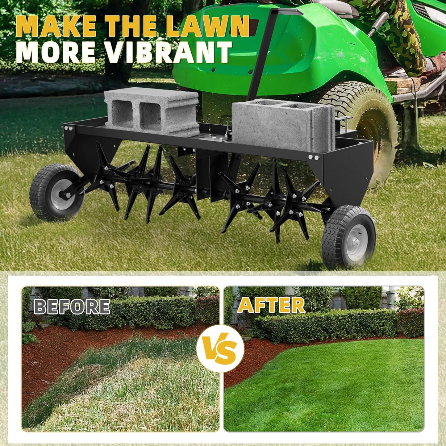 48" Lawn Aerator Tow Behind, Pull Behind Aerator with Universal Hitch, 32 Galvanized Steel Tines, Tray and Pneumatic Tires, Plug Behind Aerator is Suitable for Gardens, Lawns and Farms