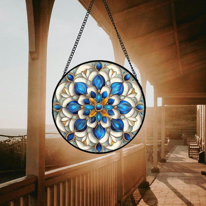 Stained Glass Window Hanging - Blue and White Abstract Flowers Suncatcher for Door Terrace Garden Home Decor, Gold Sun Catcher Birthday Gifts for Lovers Women Men Dad Mom Nana 11.8 in