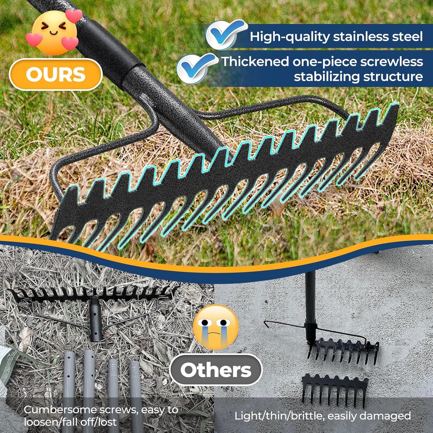 49" Rake - 17" Extra Wide Garden Tool with Double-Sided Head, Heavy Duty Lightweight Stainless Steel Construction for Mulching & Debris Removal, Leveling Lawn, Loosening Soil, Leaf Cleanup, Soil Prep