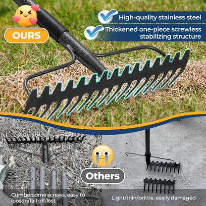 49" Rake - 17" Extra Wide Garden Tool with Double-Sided Head, Heavy Duty Lightweight Stainless Steel Construction for Mulching & Debris Removal, Leveling Lawn, Loosening Soil, Leaf Cleanup, Soil Prep