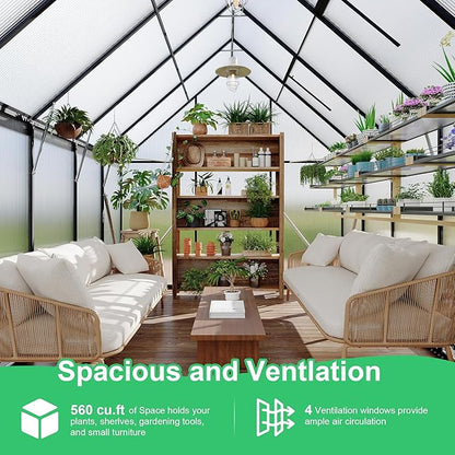 8'x10' Aluminum-Framed Polycarbonate Greenhouse, Heavy Duty Polycarbonate Greenhouse with Quick Setup Structure and Roof Vent, Large Enhanced Aluminum GreenhouseKit for Outdoors