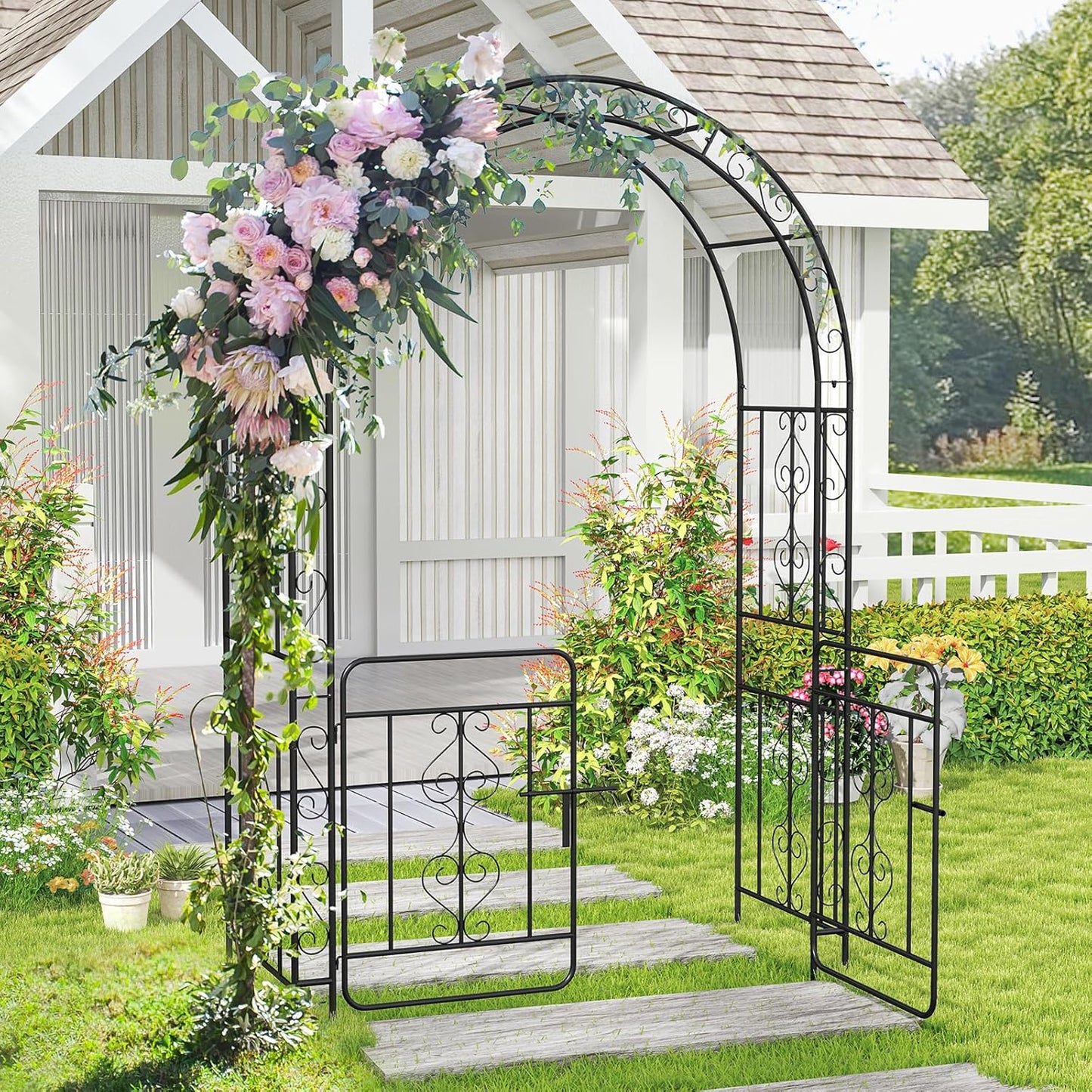Moccha Garden Arch, 84" Arbor Trellis with Lockable Gate for Climbing Plants, Roses, Vines, Outdoor Pergola Archway, Heavy-Duty Garden Arbor for Lawn Patio Bridal Party Decoration Pathway Ceremony