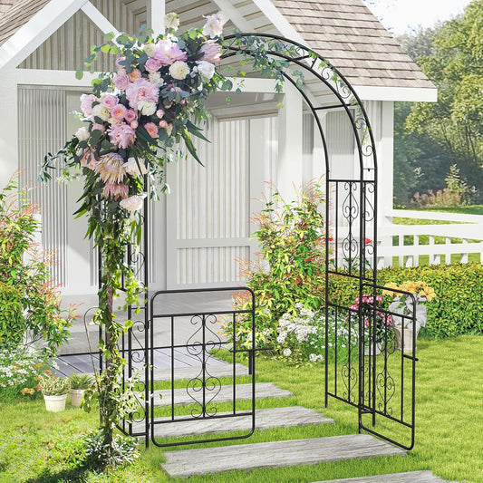 Moccha Garden Arch, 84" Arbor Trellis with Lockable Gate for Climbing Plants, Roses, Vines, Outdoor Pergola Archway, Heavy-Duty Garden Arbor for Lawn Patio Bridal Party Decoration Pathway Ceremony