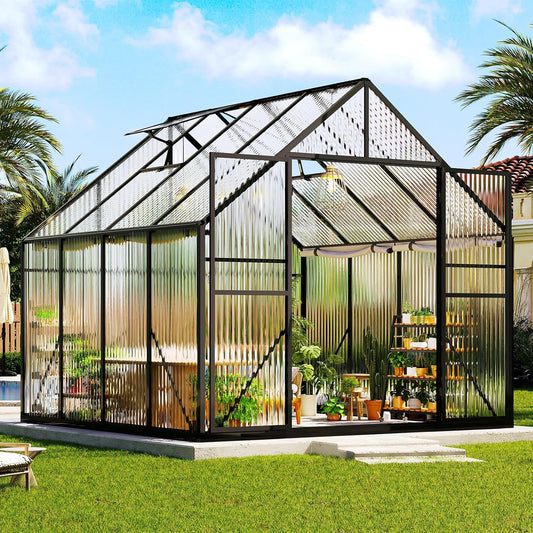 Amerlife 8x8x7 FT Outdoor Polycarbonate Greenhouse, Walk-in Aluminum Frame Design with Two Windows & Swing Door, Durable Garden Structure in Black