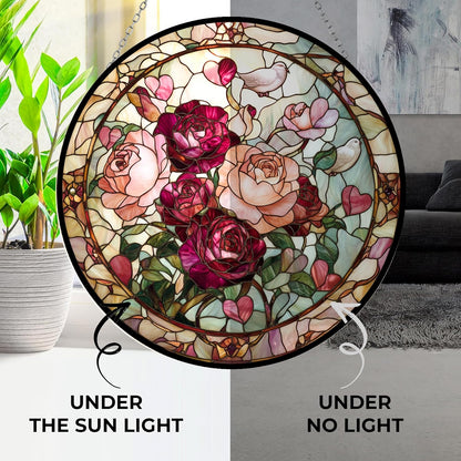 Valentine Blooming Roses Stained Glass Sun Catcher, Wall Hanging Colored Decor Room Indoor Window Decor, Halloween, Christmas Hanging Ornament Mother Day
