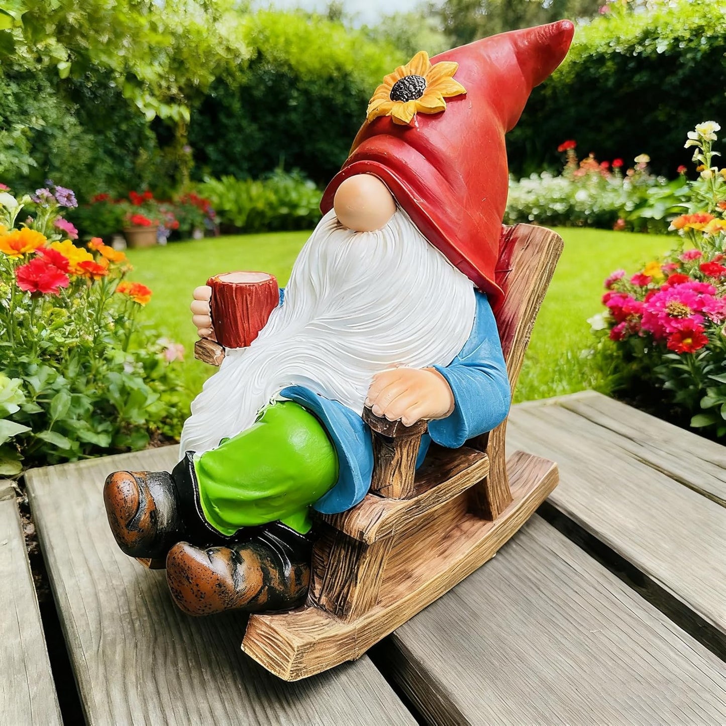Drinking Coffee Faceless Garden Gnome Statue Decoration - 7.2"Figurine Ornament for Indoor Outdoor Home Patio Yard Lawn-Sunflower Gnome Statue-Best Garden Gifts for Mothers Day, Housewarming, Festival