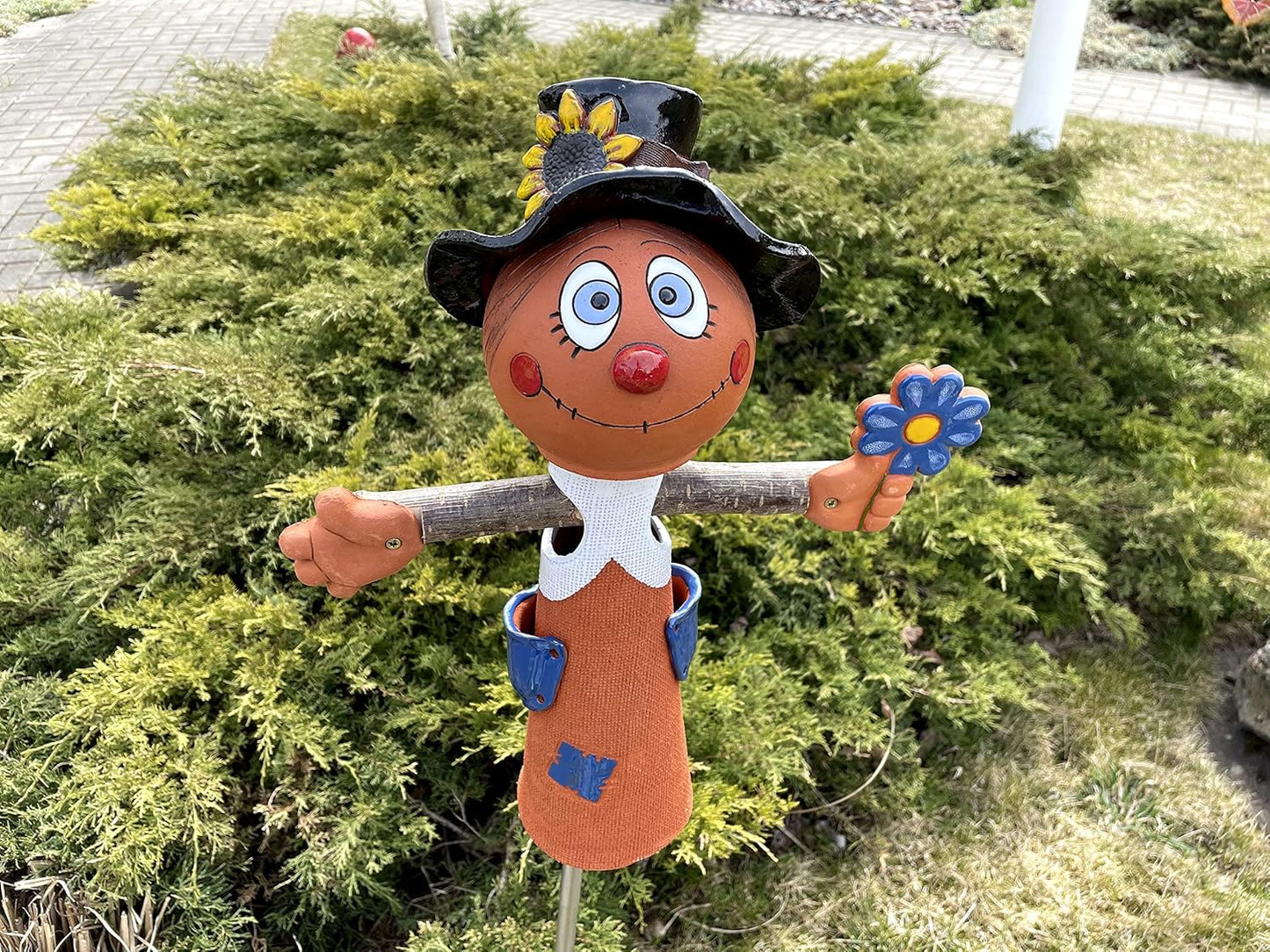 Ceramic Garden Decor - Scarecrow Lawn stake - Outdoor statue - Perfect, unique gifts for gardeners woman, men, yard gifts - Handmade, Frostproof