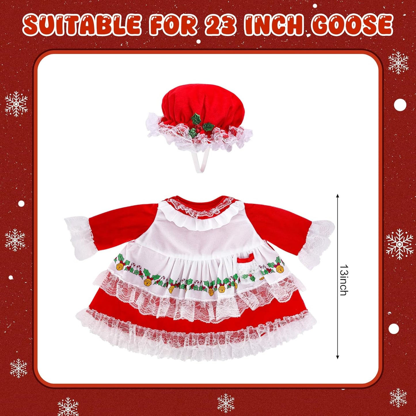 2 Pcs/Set Christmas Mrs. Claus Porch Goose Outfits, Lawn Goose Statue Mrs. Claus Costume, Red Green White Christmas Garden Goose Clothes Dress and Hat for 23" High Statue Xmas Holiday Patio Yard Decor